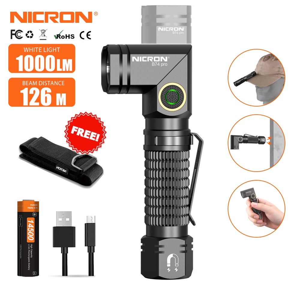 NICRON ไฟฉาย Led B74pro 1000 Lumens Dual Fuel 90° บิด คลิปโรตารี่แม่เหล็กสําหรับแฮนด์ฟรี, ไอพี65 กันน้ําสําหรับการเดินป่าตั้งแคมป์กลางแจ้ง