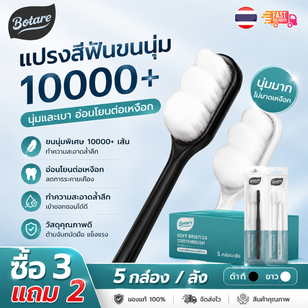 Botare แปรงสีฟันหมื่นเส้นขนอ่อน ขนละเอียดปกป้องเหงือก แปรงฟันสำหรับเหงือกแพ้ 5 กล่อง/ลัง แพ็คประหยัดใช้ครอบครัว