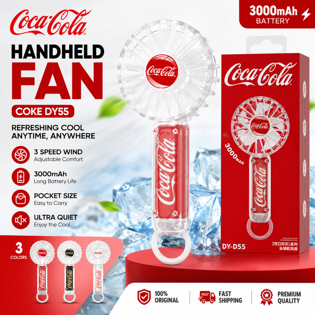 Coca-Cola D55 พัดลมมือถือแบบพกพา Mini Turbo พัดลมระบายความร้อน 3000mAh ชาร์จ 3 ความเร็วปรับเดสก์ท็อปพัดลมขนาดเล็กท่องเที่ยวกลางแจ้ง