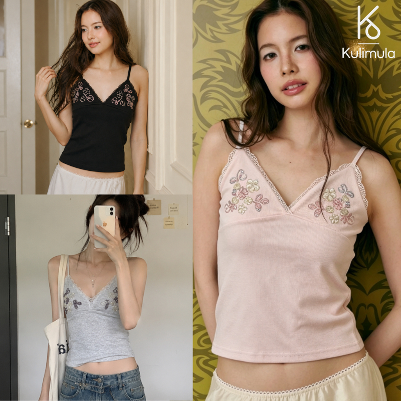 Kulimula Cami Tank เสื้อกล้ามสายบางคอวีผู้หญิง ปักลายดอกไม้ แต่งขอบลูกไม้ ผ้ายืดหยุ่น