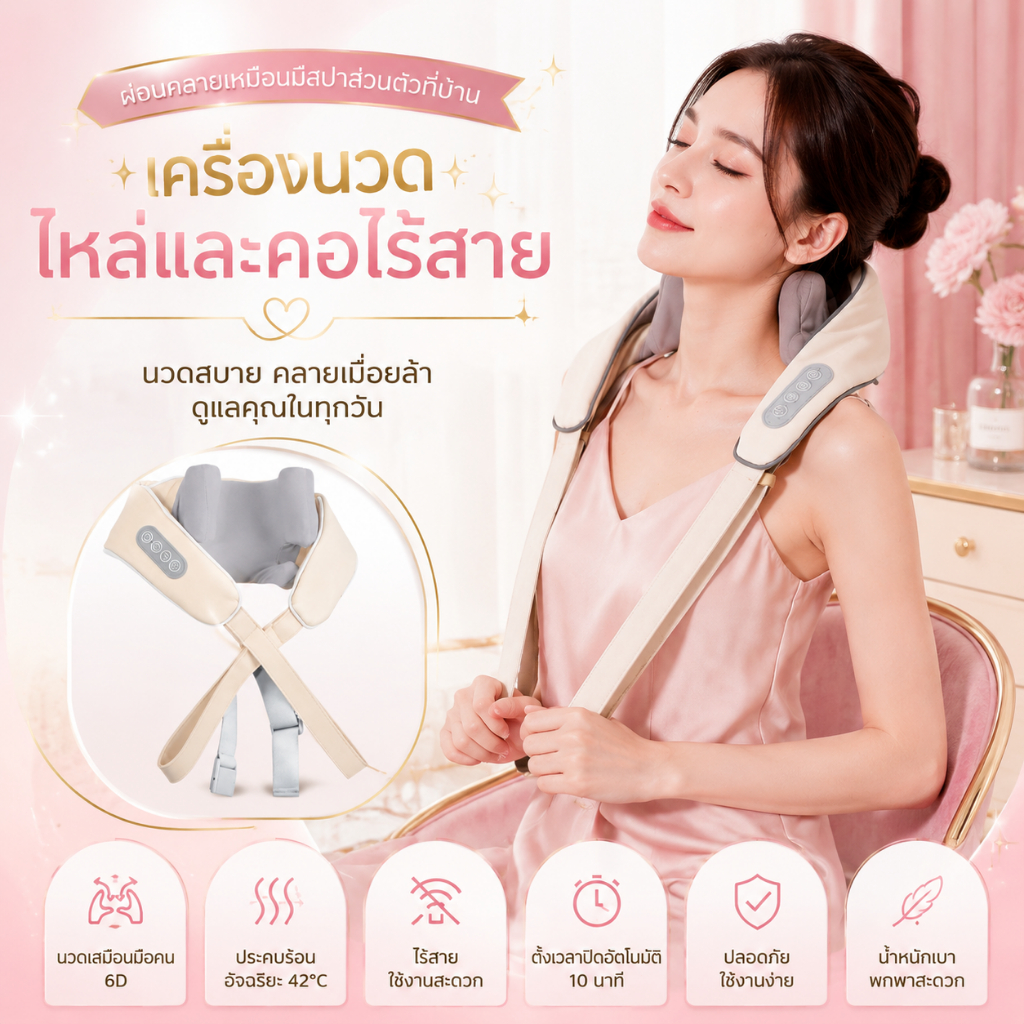 เครื่องนวดคอไฟฟ้าไร้สาย 6 หัวนวด นวดคอไหล่ แก้ปวดเมื่อย พร้อมความร้อน 42°C ผ่อนคลายกล้ามเนื้อ ใช้งานง่าย