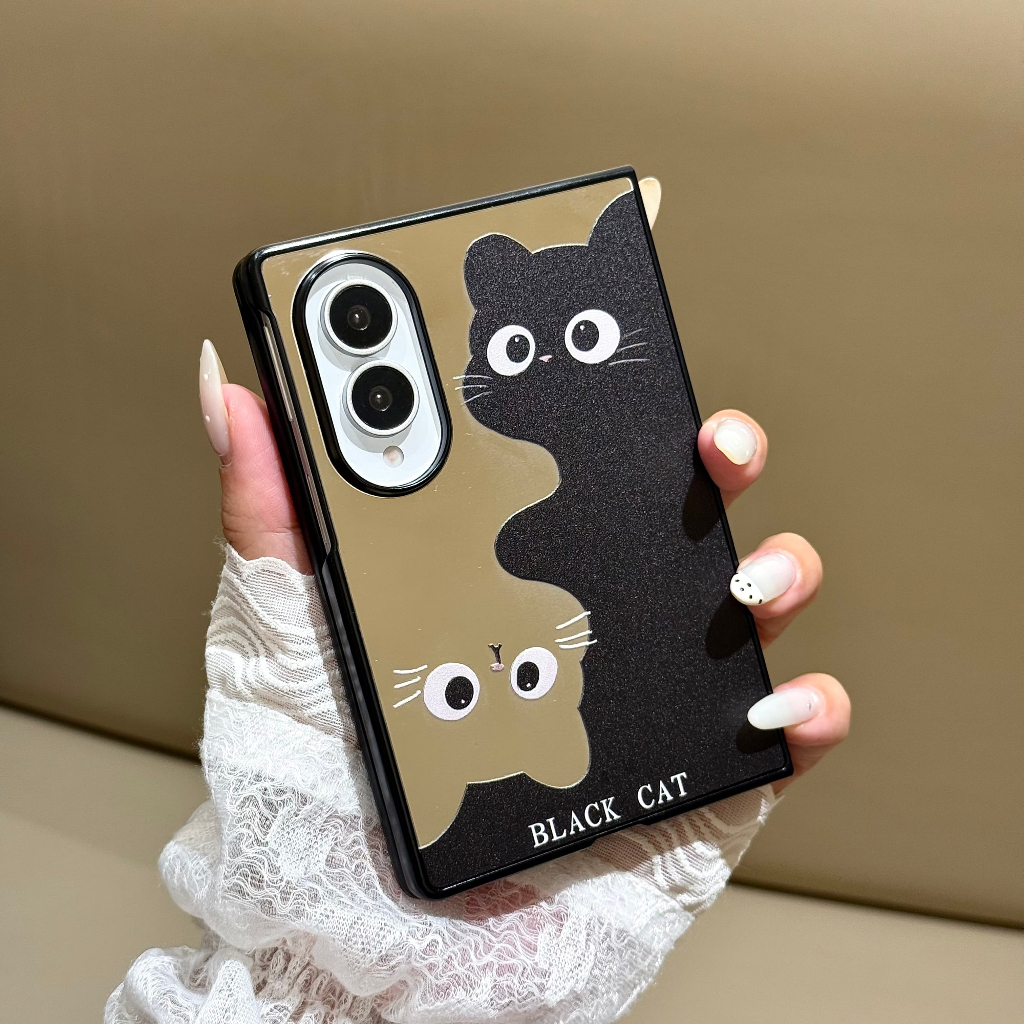 กระจกเงา การ์ตูนน่ารัก แมวสีดำ พับเคส Samsung Galaxy Z Fold8 Wide Z Fold8/Ultra/7/6/5 Case PC ป้องกันการลื่นไถ้และขีดข่วน เปลือกโทรศัพท์พับของซัมซุง