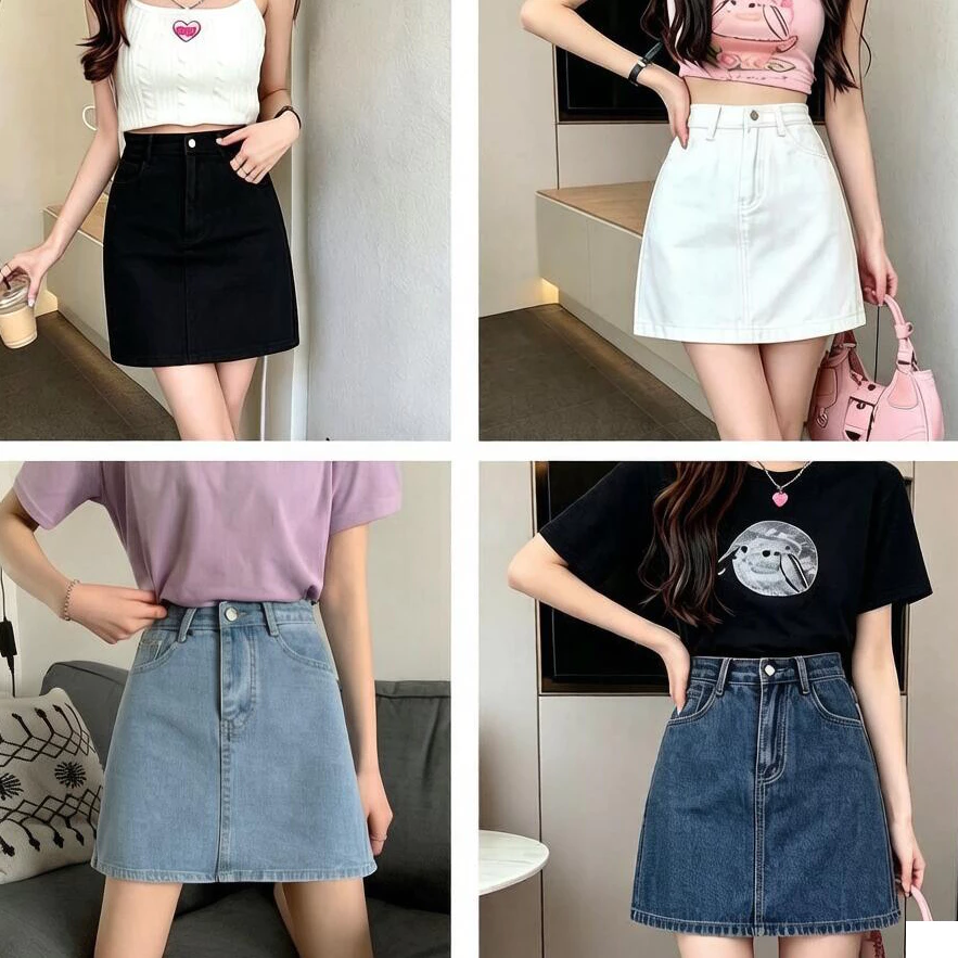 Laterme 🍒มีให้เลือก 4 สี กระโปรงยีนส์สีพื้นฐาน ทรงเอ เอวสูง 🍒