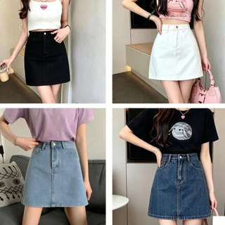 Laterme 🍒มีให้เลือก 4 สี กระโปรงยีนส์สีพื้นฐาน ทรงเอ เอวสูง 🍒