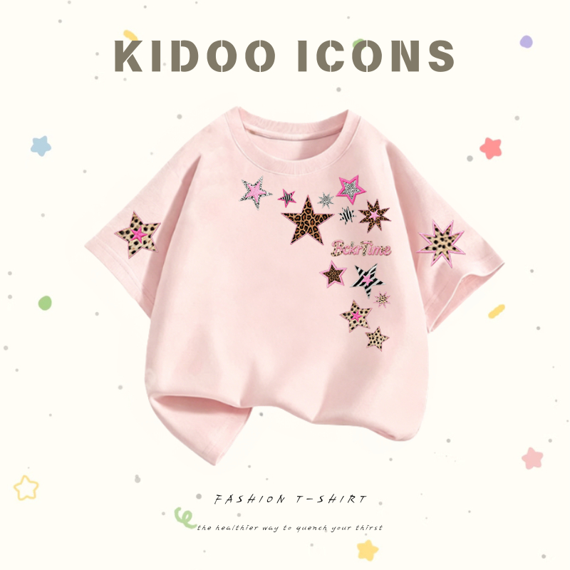 KIDOO ICONS เสื้อยืดเด็กคอกลมผ้าฝ้าย 100% ลายตัวอักษร BckrTime ดาวลายเสือ แขนสั้น สไตล์เกาหลี #A01+5577