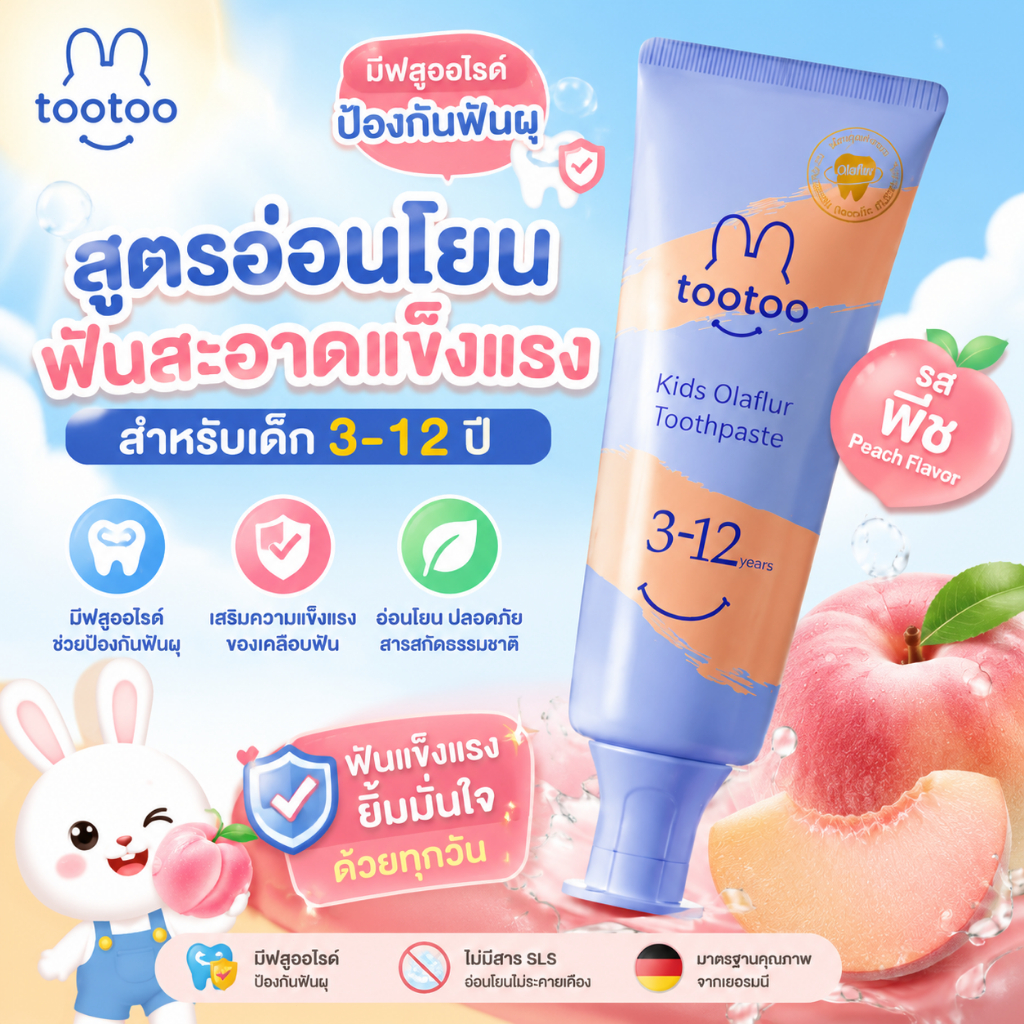 tootooยาสีฟันสำหรับเด็กอายุ 3-12 ปี ป้องกันฟันผุและปกป้องฟัน ผสมสารสกัดจากผลไม้ธรรมชาติ รสพีช 50g