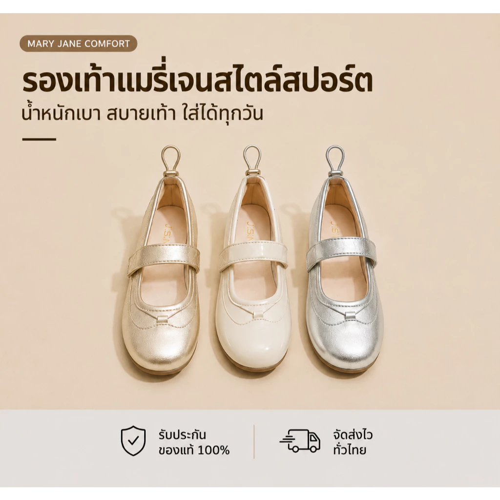 รองเท้าแมรี่เจนผู้หญิง รองเท้าผ้าใบแมรี่เจนเมทัลลิก สายปรับได้ กันลื่น แฟชั่น นุ่มและเบา เหมาะกับทุกกิจกรรม ส่งฟรี