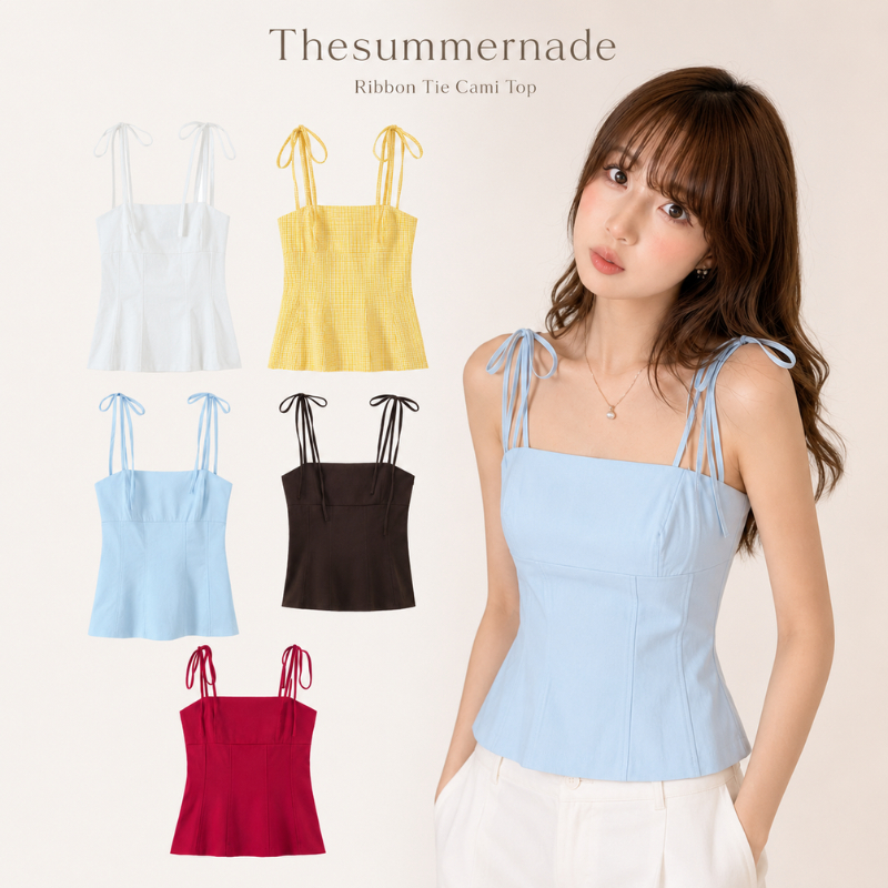 SALE เสื้อกล้ามสายเดี่ยว คอสี่เหลี่ยม ผูกโบว์สายไหล่ เสื้อคามิท็อปผู้หญิง ทรงรัดเอว สไตล์เกาหลี