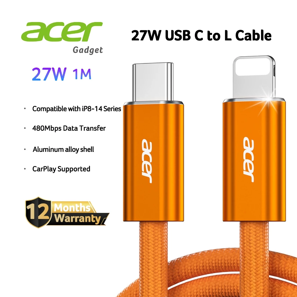 Acer สายชาร์จ Type-C to L รองรับ PD 27W ชาร์จเร็ว และถ่ายโอนข้อมูลความเร็ว 480 Mbps ใช้ได้กับ iP 13 / 12 UC0025
