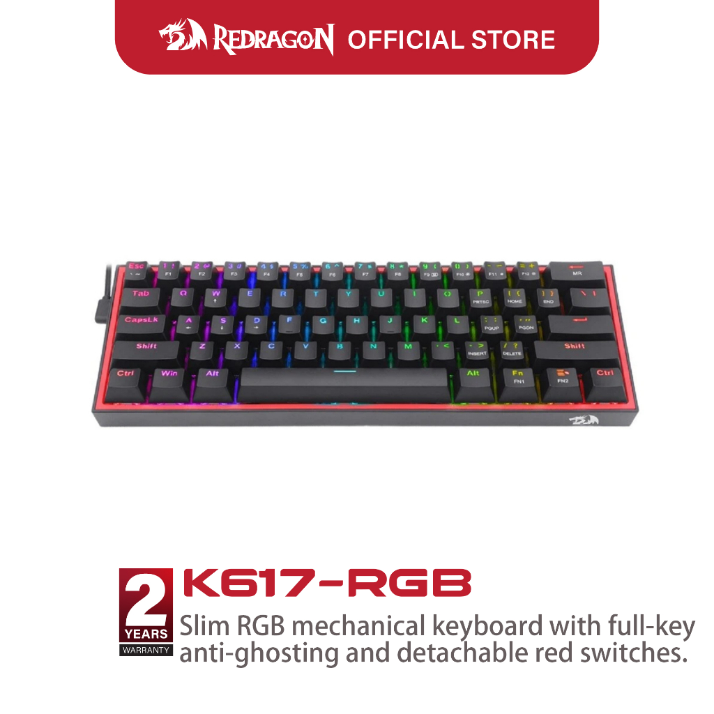 คีย์บอร์ดเกมมิ่งแบบมีสาย Redragon K617RGBBLACK รุ่น Fizz 60% ขนาด 61 ปุ่ม คีย์บอร์ดเมคานิคอลขนาดกะทั