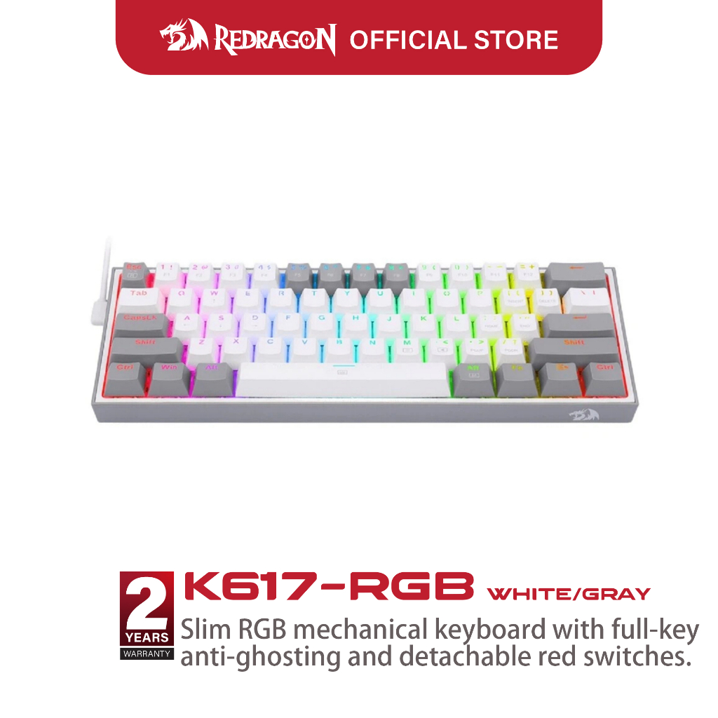 คีย์บอร์ดเกมมิ่ง Redragon K617 Fizz 60% แบบมีสาย RGB, คีย์บอร์ด 61 ปุ่มพร้อมปุ่มรีแมปแบบฮอตสวิตช์, ค