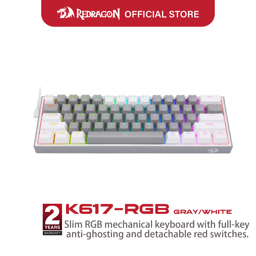 คีย์บอร์ดเกมมิ่งแบบมีสาย Redragon K617RGB GTAY สีขาว รุ่น Fizz 60% จำนวนปุ่ม 61 ปุ่ม คีย์บอร์ดเมคานิ