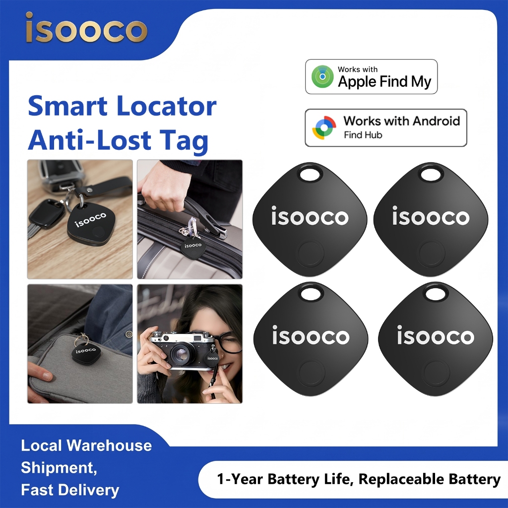 ISOOCO แท็กตัวติดตามอากาศระบบคู่ เครื่องมือติดตามสิ่งของแม่นยำ ป้องกันการสูญหาย ระบบติดตามคู่ Android และ iOS ใช้งานได้นาน 4 แพ็ค