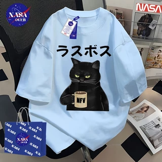 【พร้อมส่ง】🔥NASA ทรงโอเวอร์ไซส์ เสื้อยืด ใส่ได้ทั้งชายหญิง เสื้อ ผ้าฝ้ายแท้100%🐈‍⬛ลายแมวดำ คอกลม แขนสั้นYG1184