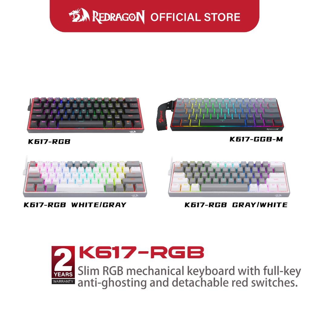 Redragon K617 Fizz 60% คีย์บอร์ดเกมกลแบบมีสาย 61 คีย์ขนาดกะทัดรัด Hot Swappable RGB Backlit โปรแกรม 