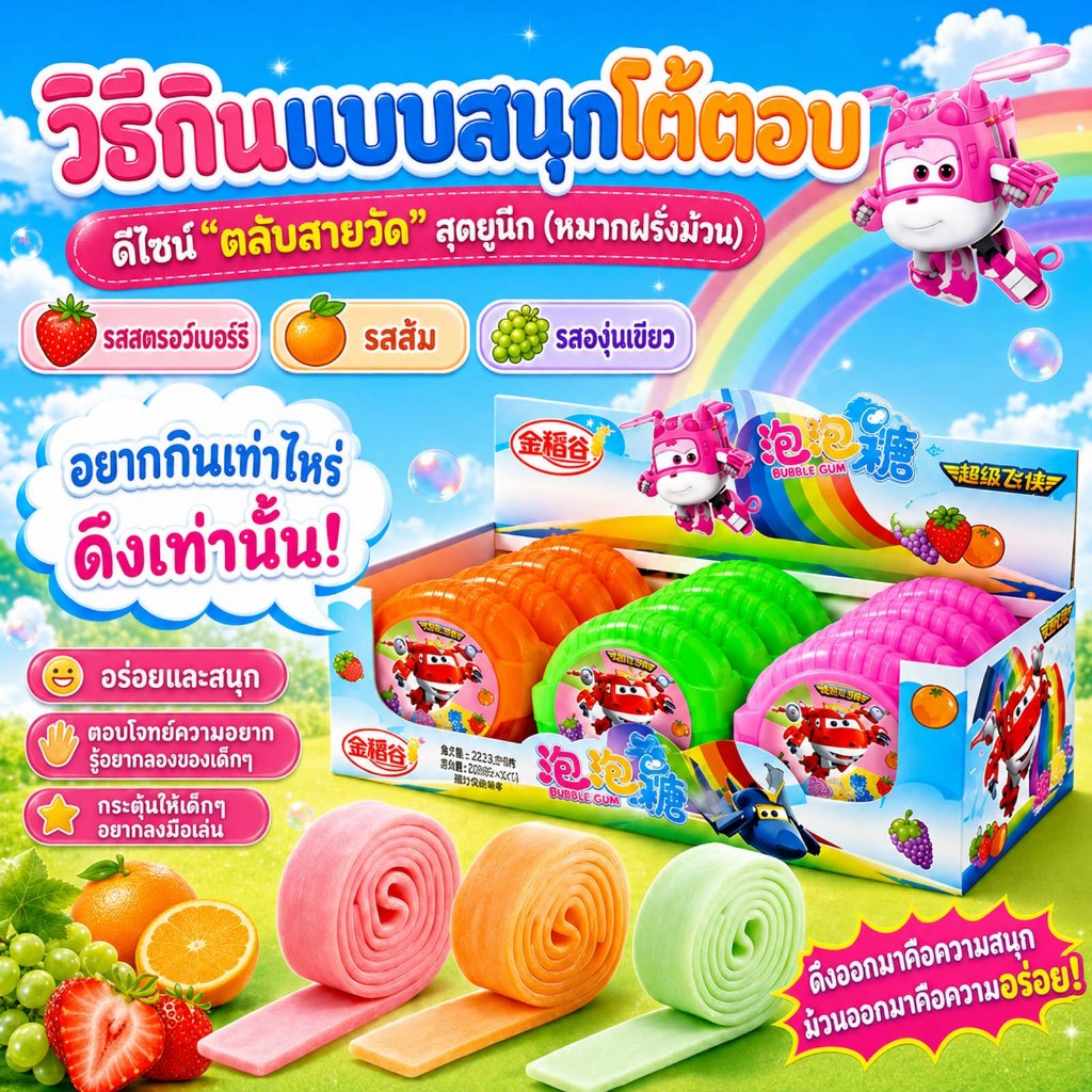 เด็กตลกเทปฟองหมากฝรั่ง | รสผลไม้รวม 3-ใน-1 | ลูกอมม้วนยืดได้ | หมากฝรั่งกัดไซส์ | กล่องของขวัญขนม 12 ชิ้น | แพ็คป้องกันฝุ่นแบบพกพา