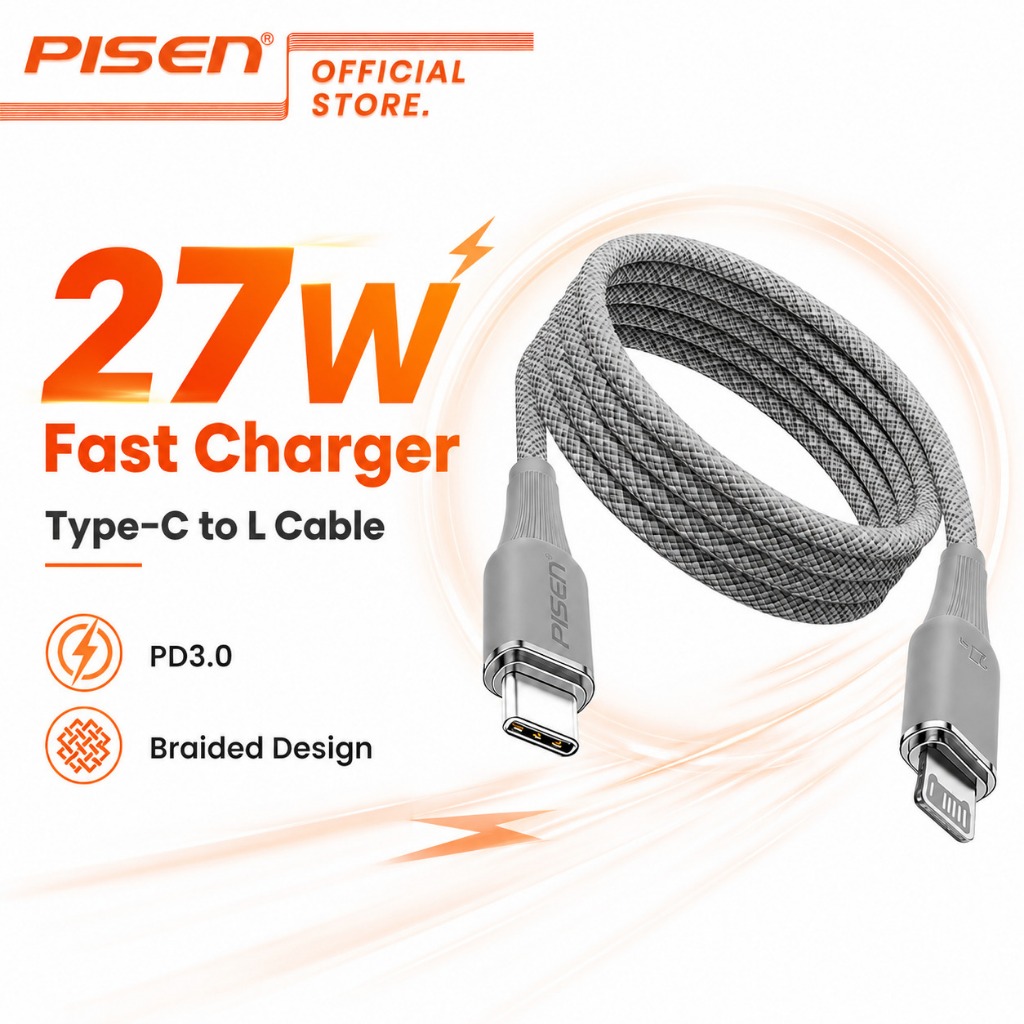 PISEN Type C to L Cable 27W Fast Charging Cable สายชาร์จเร็ว สายถักทนทาน สายชาร์จโทรศัพท์ CL-FC16