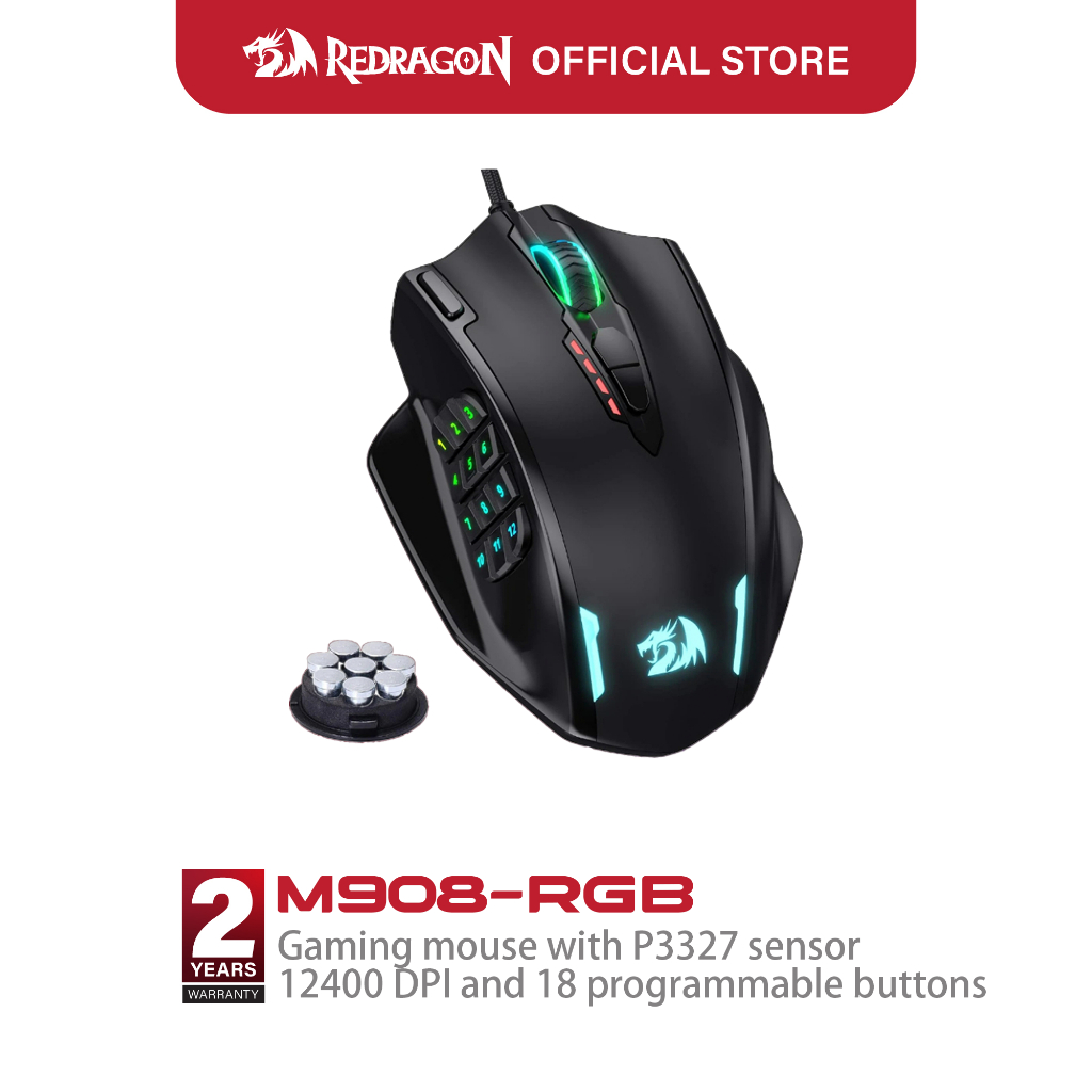 Redragon IMPACT M908 เมาส์สําหรับเล่นเกมแบบมีสาย, ความแม่นยําสูงสูงสุด 12400 DPI พร้อมปุ่มด้านข้างตั้งโปรแกรมได้ 12 ปุ่มสําหรับเกม MMO