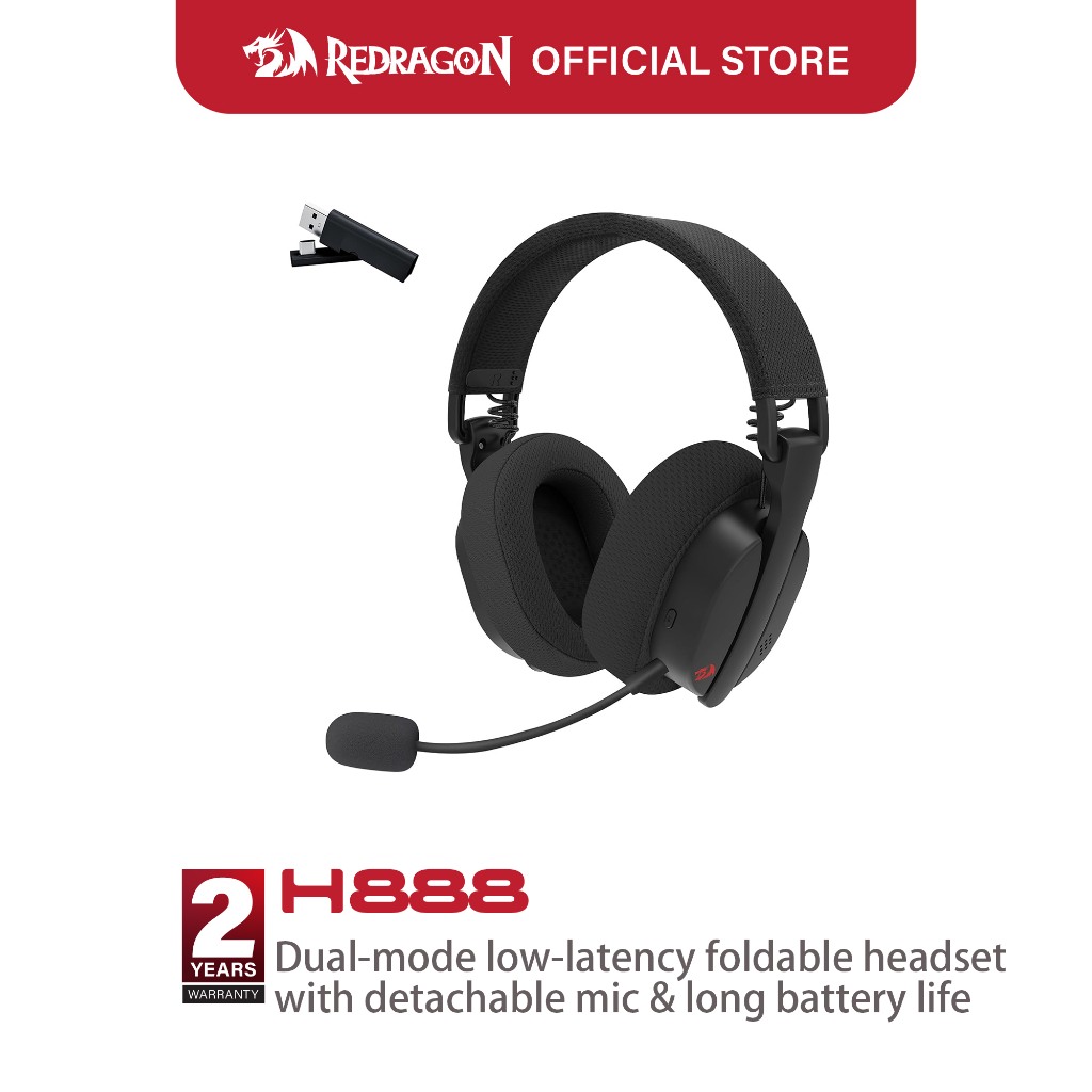 Redragon H888 RGB ชุดหูฟังเล่นเกมไร้สาย 3 โหมด 7.1 เสียงรอบทิศทางไมโครโฟนลดเสียงรบกวนที่ถอดออกได้