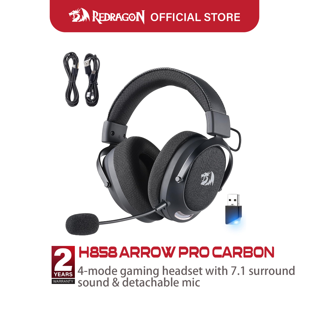 Redragon ARROW PRO CARBON H858 ชุดหูฟังเล่นเกมไร้สาย 3 โหมด 7.1 เสียงรอบทิศทาง 40 มม.ที่ถอดออกได้ Omni Mic Ultra Light 168G บลูทูธ 5.3 Low Latency หูฟังสําหรับเล่นเกมสําหรับ PC