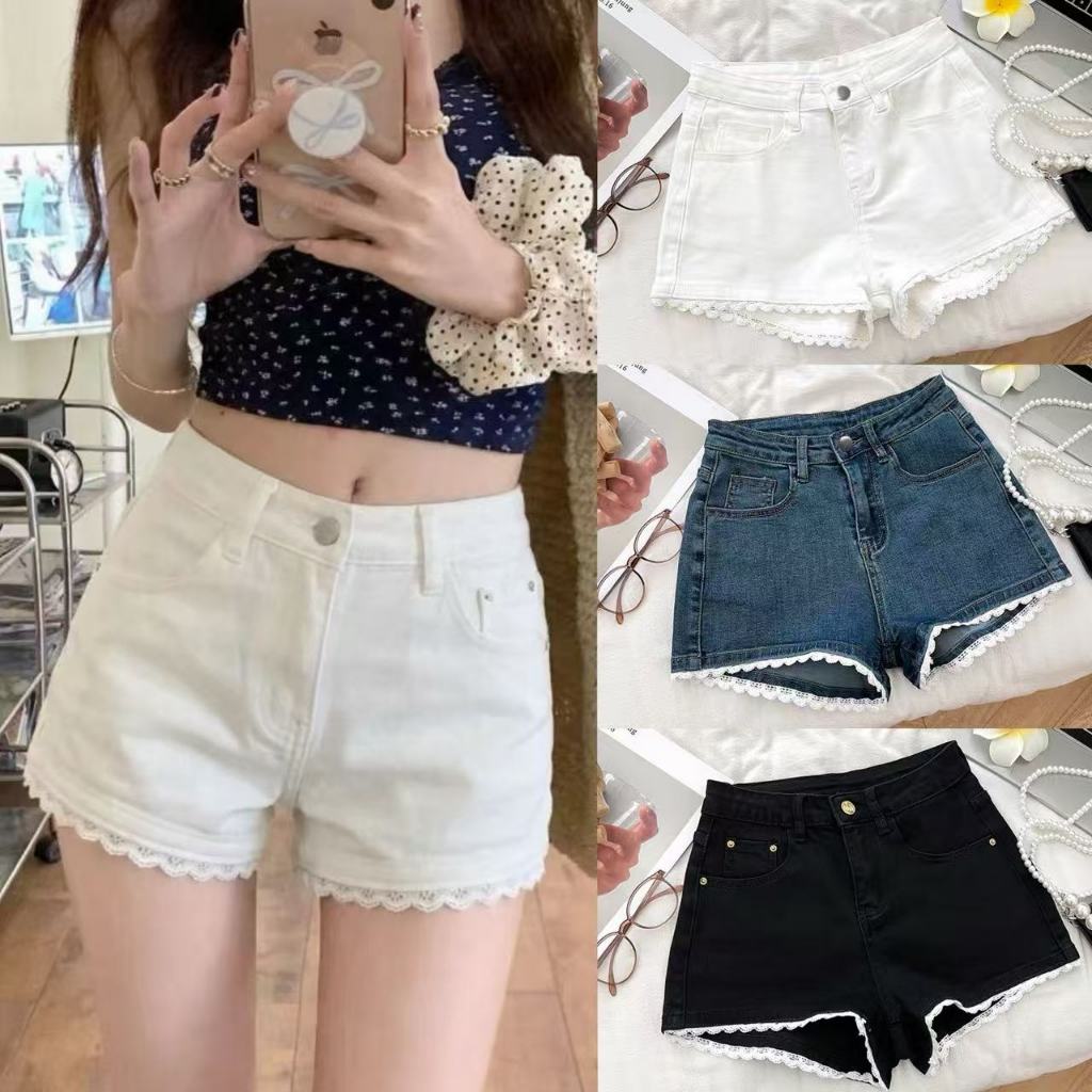Sunny Beach กางเกงยีนส์ขาสั้นเอวสูงสำหรับผู้หญิง ตกแต่งด้วยลูกไม้ สไตล์เกาหลี ผ้าคุณภาพสูง denim shorts