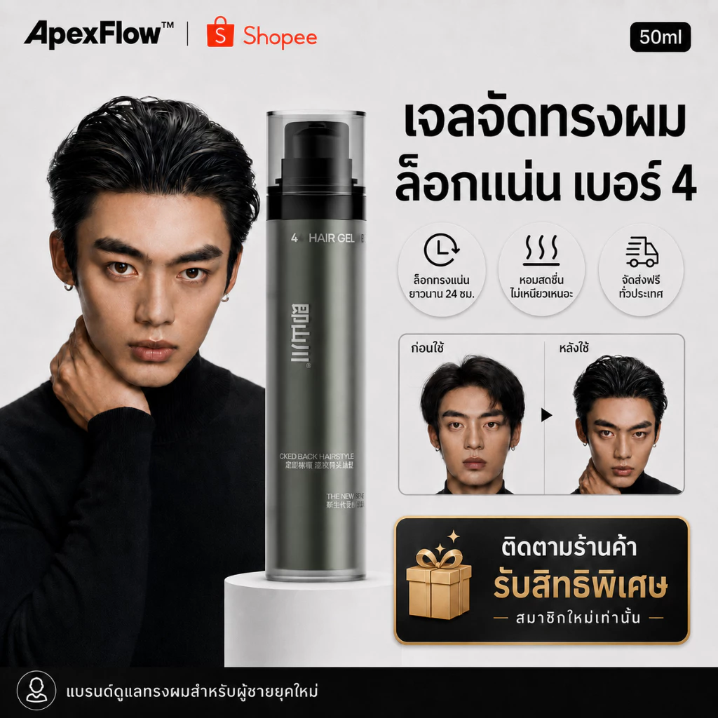 ApexFlow #4 เจลแต่งผม ทรงสลิคแบ็คเปียก Wet Look ยึดทรงแน่น อยู่ทรงนาน กลิ่นหอมสดชื่น ไม่เหนียว