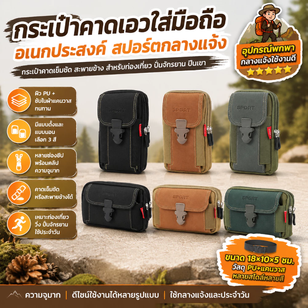 [จัดส่งในพื้นที่] กระเป๋าสะโพกผู้ชาย ผ้าแคนวาส ใส่โทรศัพท์ได้ มีซิป