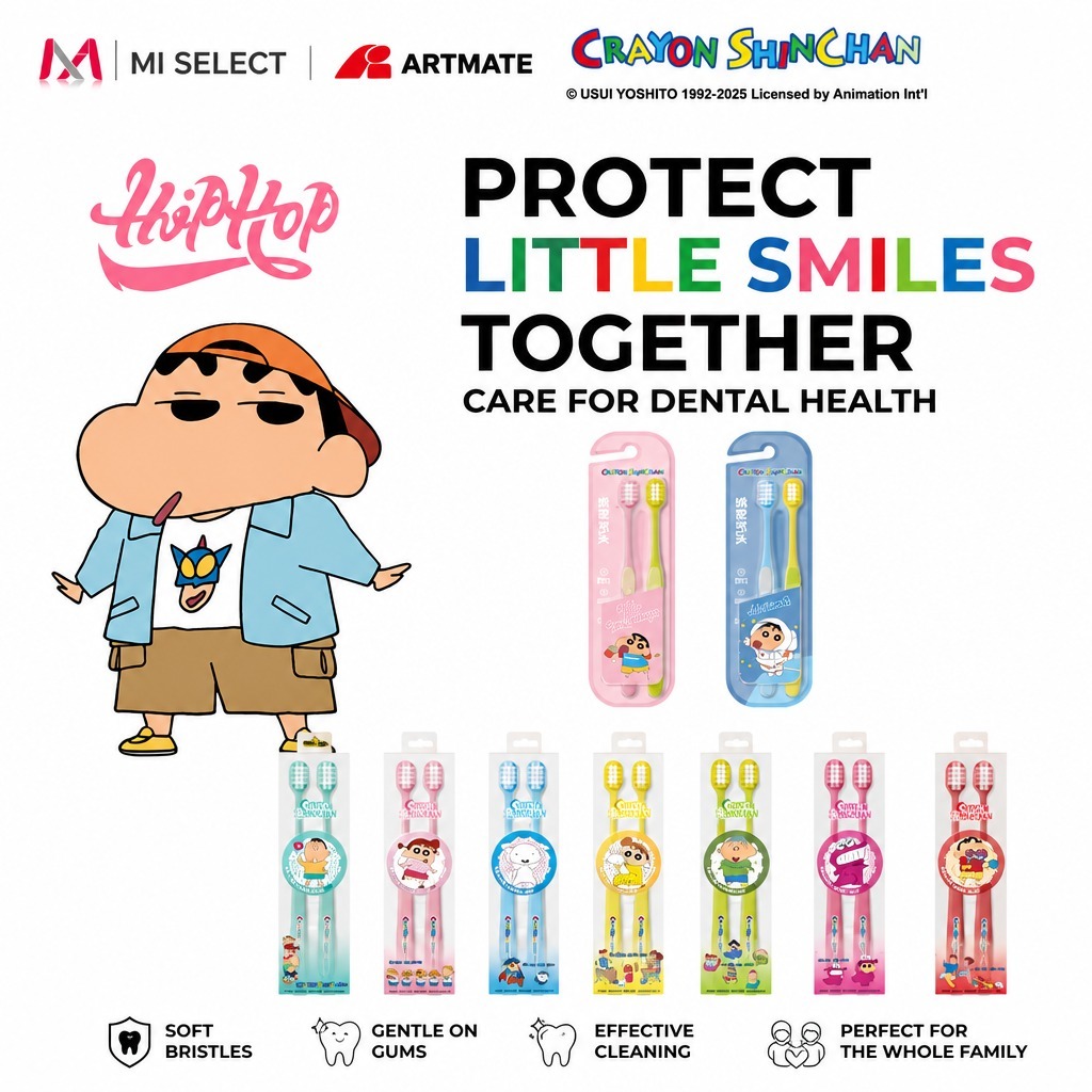 Crayon Shinchan Soft ชุดแปรงสีฟัน 2 ชิ้น Dual Color Zoned Bristles แปรงสีฟันแบบแมนนวลพร้อมป้ายสะสม