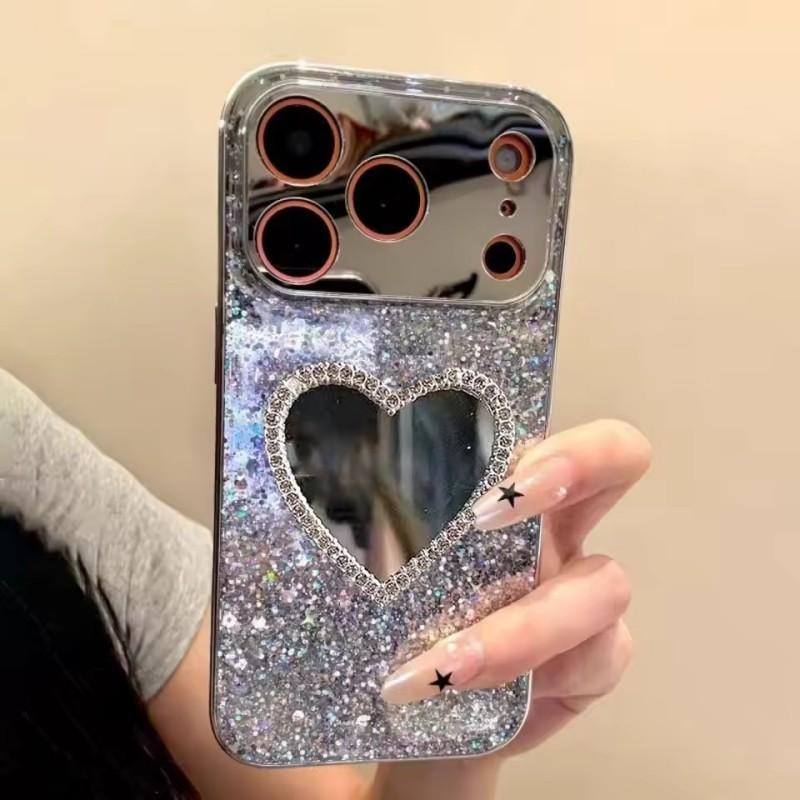 หรูหราBling Glitterชุบ3D Love HeartกระจกSequinsสําหรับiPhone 17 Pro Max 17 Air 16 14 15 13 12 11 Pro Max Plusฝาครอบป้องกันเลนส์