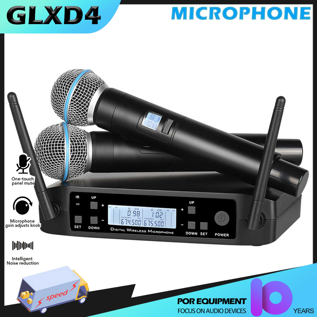 GLXD4 ไมโครโฟนไร้สาย เอ่อ สําหรับร้องเพลง; คุณสมบัติการจับคู่ความถี่อินฟราเรดและช่วงแผนกต้อนรับ 100 