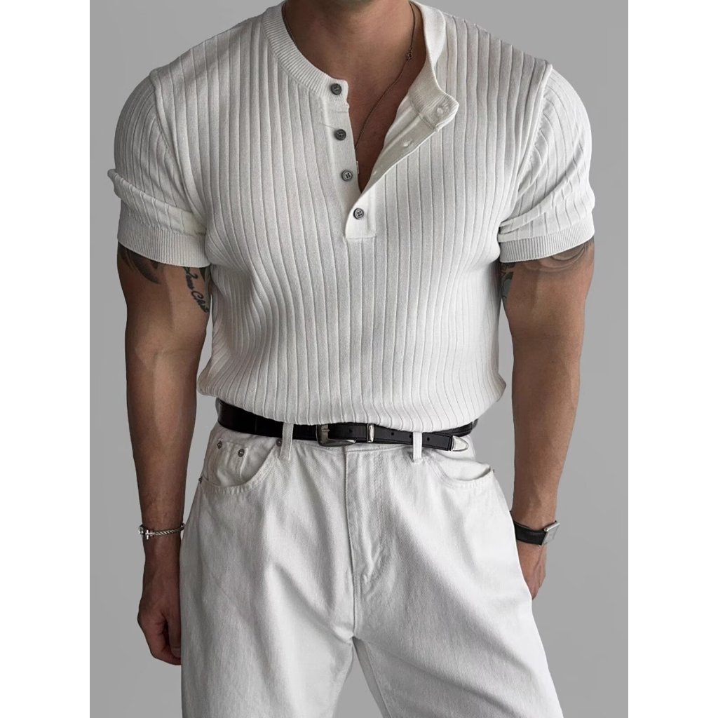 ผู้ชายเกลียวยืดหยุ่นสลิมฟิตฟิตเนส Raglan Sleeve Henry Collar สั้น T-