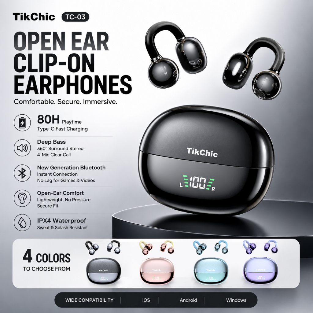 TikChic TC-03 หูฟังไร้สายแบบหนีบหูแบบเปิด เวลาเล่น 80 ชม. 360° เสียงเซอร์ราวด์ เบสลึก บลูทูธ 5.3 จอแสดงผล นํา หูฟังกีฬากันน้ํา ไอพีเอ็กซ์4 สําหรับวิ่ง