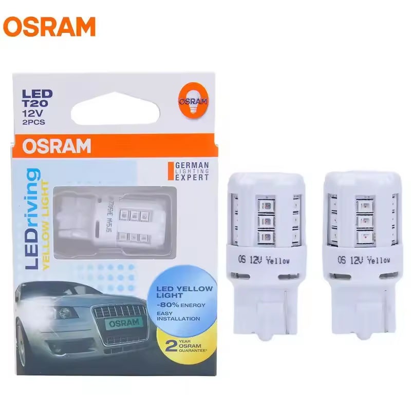 OSRAM LED T20 7440 WY21W W21W 12V สีเหลือง Amber สีมาตรฐานรถด้านข้าง Marker โคมไฟ OEM LED ไฟเลี้ยว 7