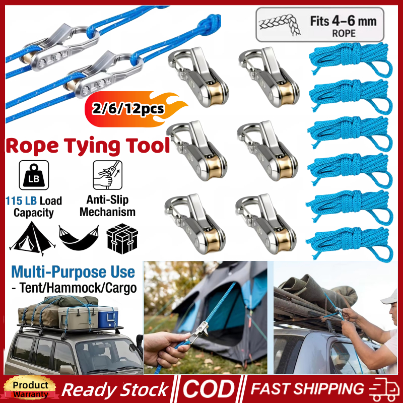 จัดส่งภายใน 12H 6/12PCS เครื่องมือกระชับเชือกและ Tensioner Heavy-Duty Retractable Buckle พร้อมเชือกอุปกรณ์เสริมสําหรับ Camping, Tarp, Hammock, Boating & Outdoor Gear Securing