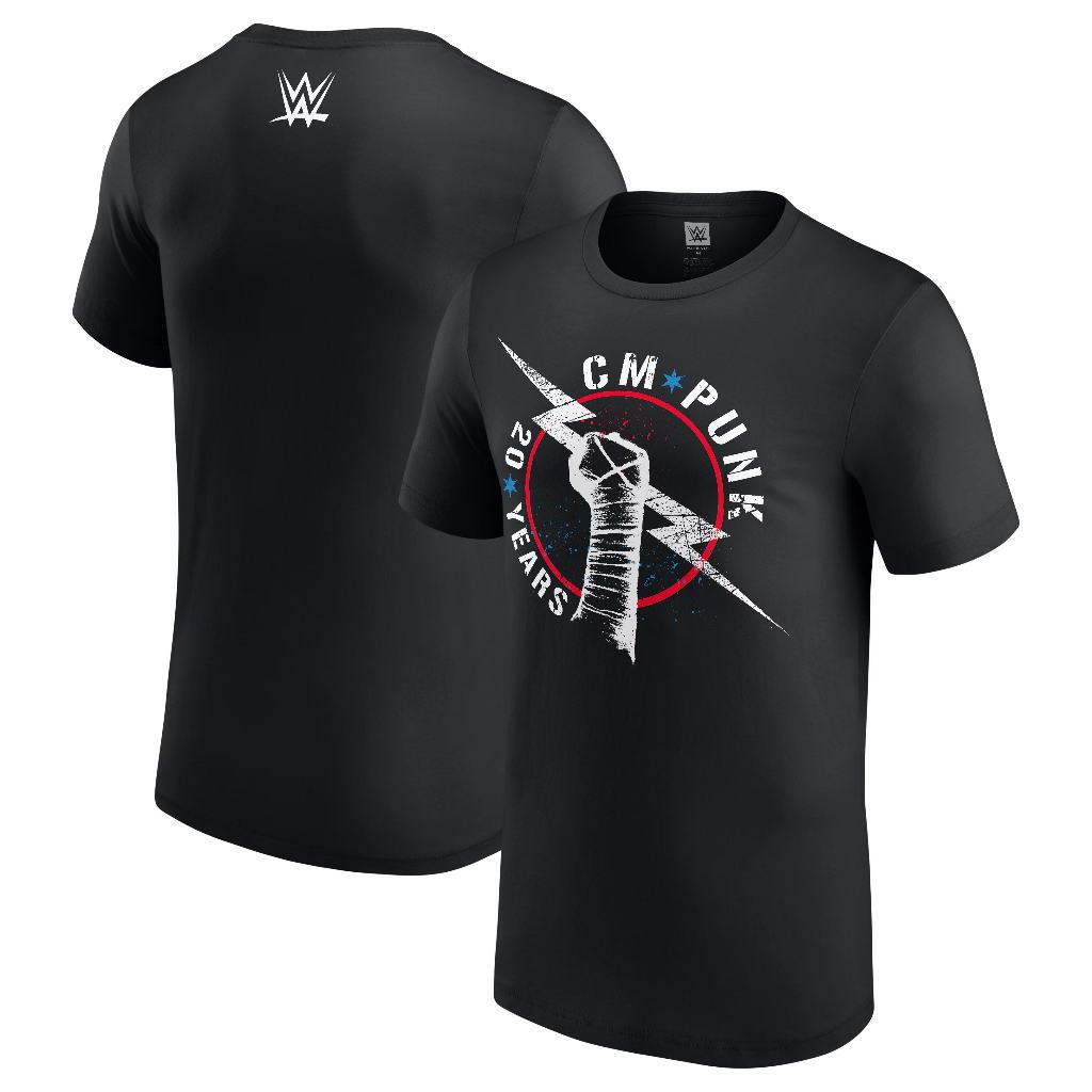 เสื้อยืดสายฟ้า CM Punk 20 Years สีดําสําหรับผู้ชาย
