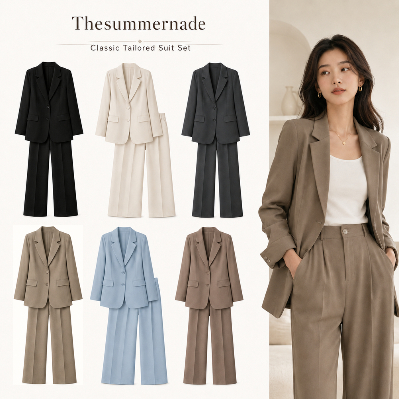🔥ชุดสูท Loose Fit Suit Set เซต2ชิ้นเสื้อสูททรงโอเวอร์+กางเกงกว้างขา ผ้าบางเบาสไตล์ทำงานเกาหลี