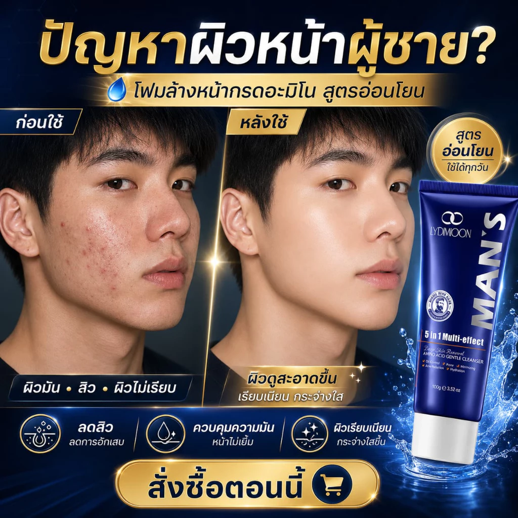 LYDIMOON โฟมล้างหน้าผู้ชายสูตรอะมิโน 100g ✨ กดใช้เลย! ฟองนุ่มละเอียด คุมมันอ่อนโยน ล้างล้ำลึกลดสิว ผิวสดชื่นไม่ตึง ✨