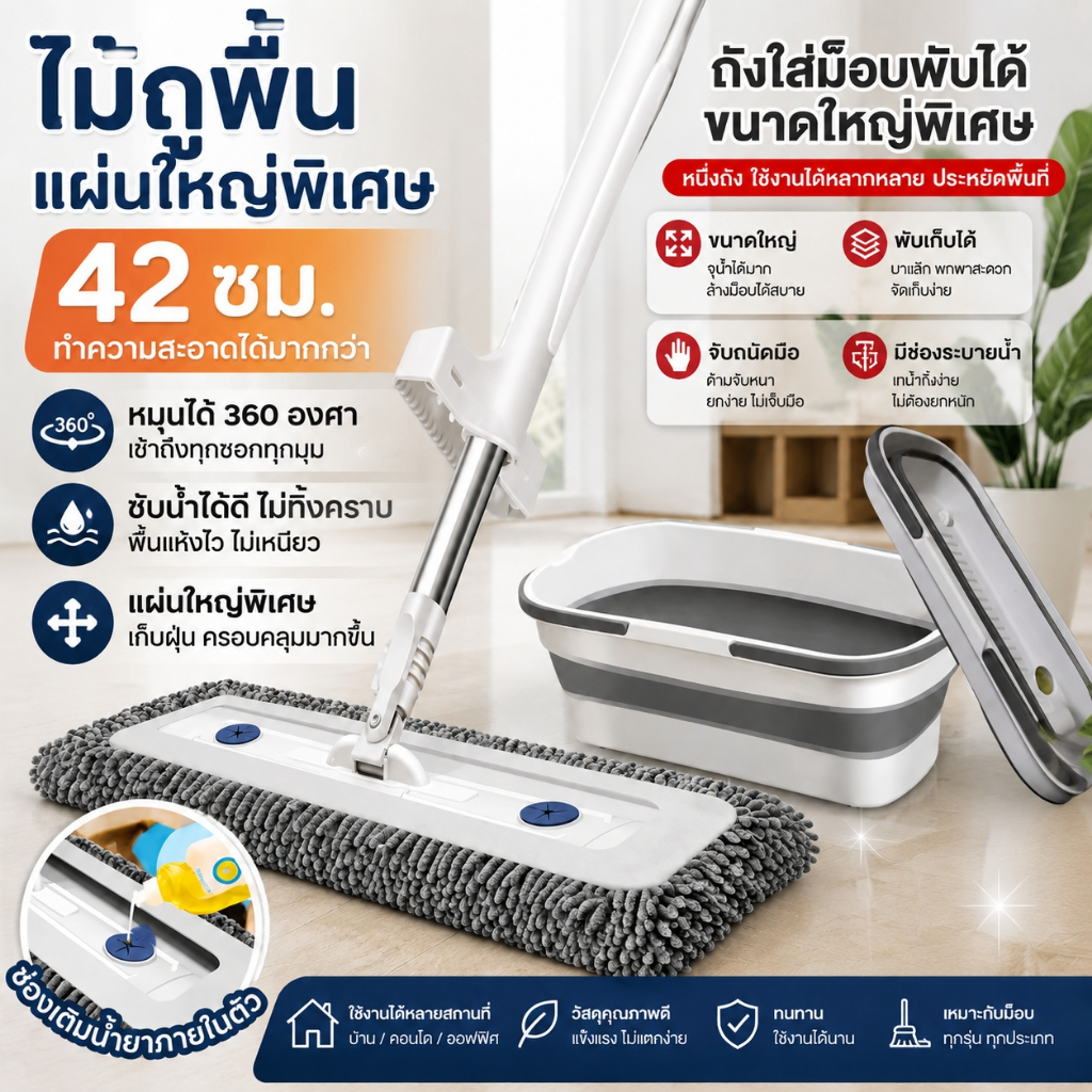ชุดถังปั่นไม้ถูพื้น ม็อบถูพื้นรุ่น2ล้อใหญ่พร้อมผ้าม็อบไมโคาไฟเบอร์ ไม้ถูพื้นสแตสเลสปรับระดับสั้นยาวได้