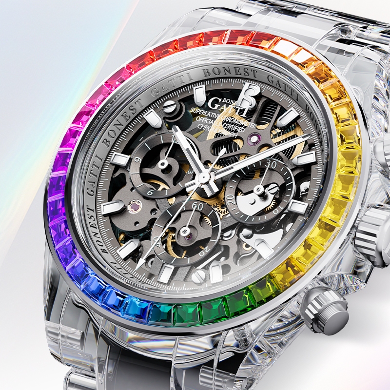 BONNEST GATI ผู้ชายนาฬิกากลไกอัตโนมัติ Ice Blue โปร่งใส K9 คริสตัลกรณี Chronograph Sapphire Mirror ท