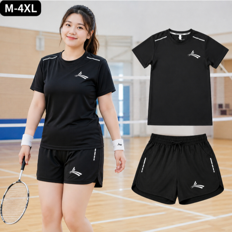 ชุดกีฬาสาวอ้วนเล็กน้อย M-4XL ขนาดใหญ่ผ้าแห้งเร็วสีดําสีขาวสองสีชุดกีฬาหลายฉาก