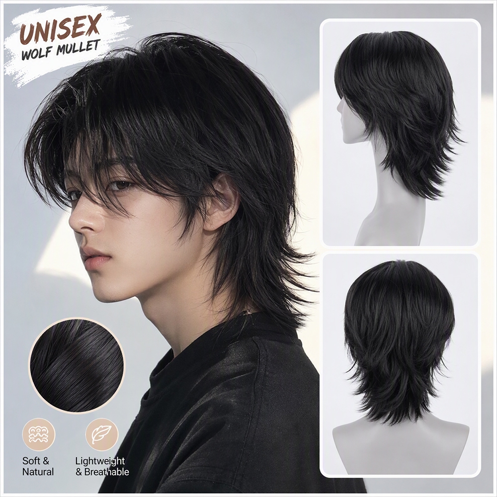 อินเทรนด์ผู้ชาย Naturel Clavicle Hair บางส่วน Bangs Wolf Tail Full Cover Head Wigs สังเคราะห์ Extensions