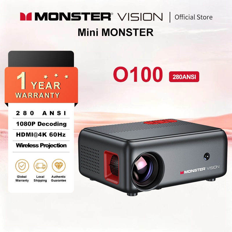 MONSTER O100 มินิโปรเจคเตอร์ 280 ANSI 1080P ถอดรหัส WiFi6 4K30Hz HDMI