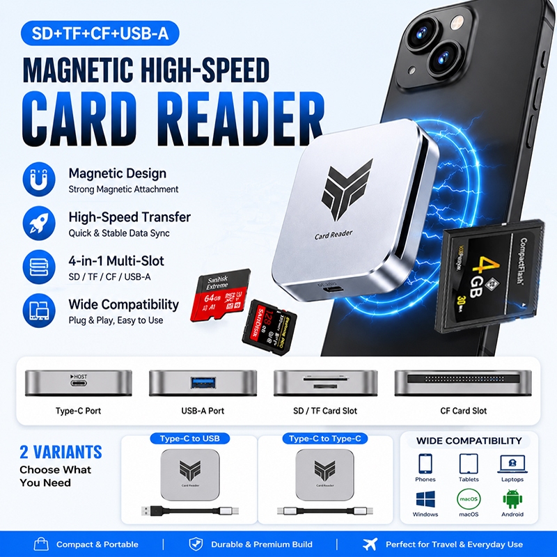 KEBIDU แม่เหล็ก 4-in-1 5Gbps เครื่องอ่านการ์ด CF SD TF USB-A อะแดปเตอร์ Type-C บางเฉียบสําหรับกล้องโทรศัพท์ Drone Video Transfer