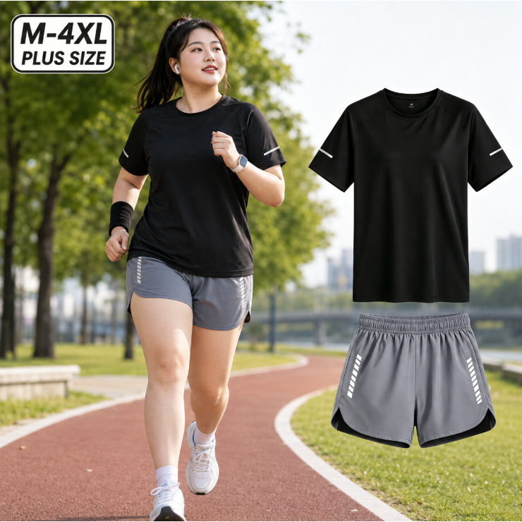 ขนาดใหญ่สุภาพสตรีชุดกีฬา M-4XL Quick-Drying แขนสั้น Anti-Exposure กางเกงขาสั้นวิ่งออกกําลังกายโยคะสวมใส่ทุกวัน Breathable ชุดกีฬา