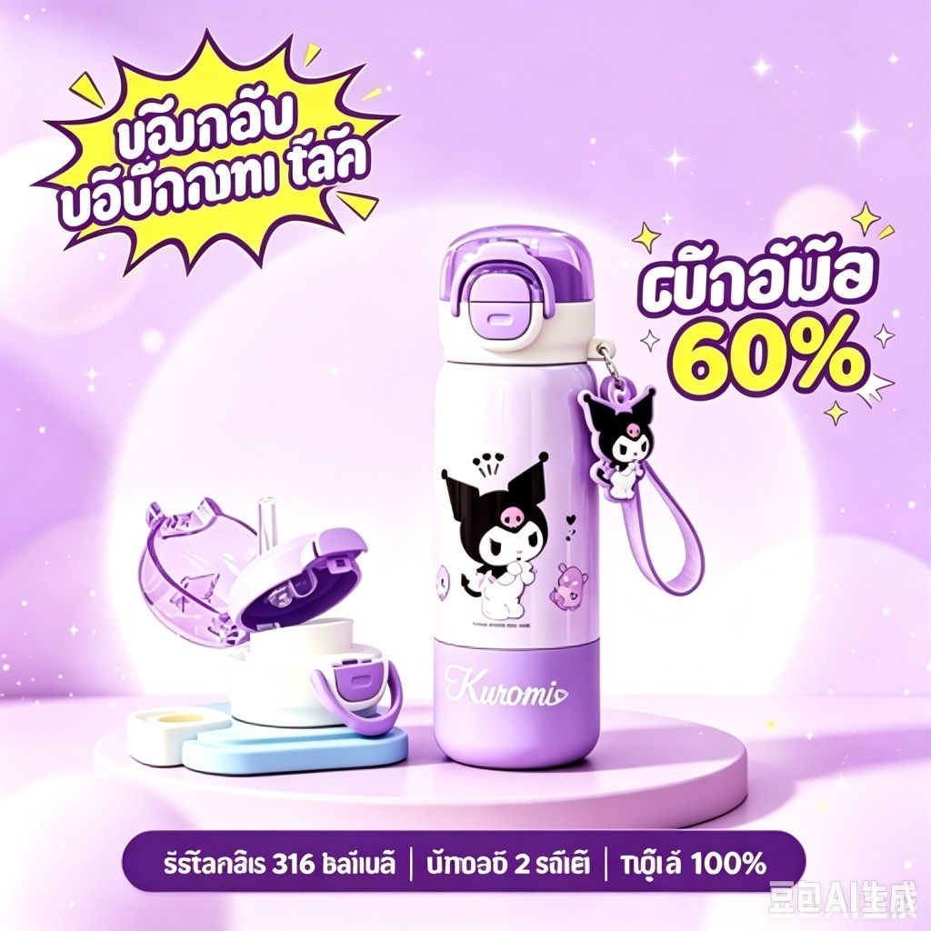 แก้วเก็บอุณหภูมิ Kuromi กระบอกน้ำสแตนเลส 316 มีฝาปากหลอด+ฝาโดยตรง เก็บความร้อน 6-12 ชม พกพาง่าย