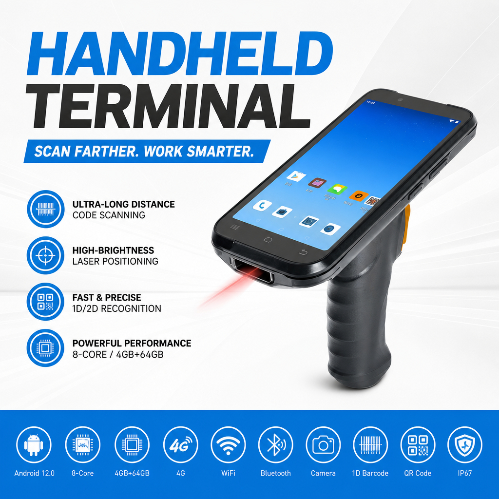 Android 12 ทนทาน Hand-Grip PDA Terminal1D 2D Barcode Scanner สําหรับโกดังโลจิสติกส์ขายปลีกผลิต