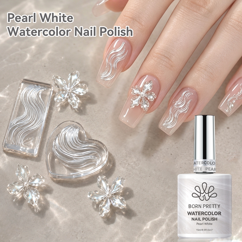 BORN PRETTY Pearl White สีน้ําเล็บ Air-dry Silky ซาติน Pearlescent Effect สีน้ําหินอ่อนเล็บ 15ml