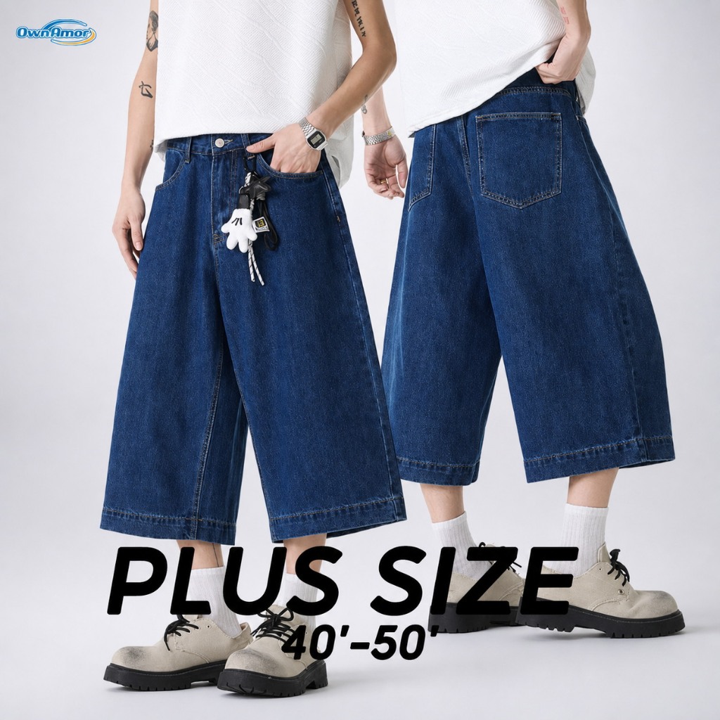 [40-50 นิ้ว] กางเกงยีนส์ 7 ส่วนผู้ชาย ทรงขากว้าง พลัสไซส์ ทรงหลวม ผ้ายีนส์ยืด ระบายอากาศได้ดี