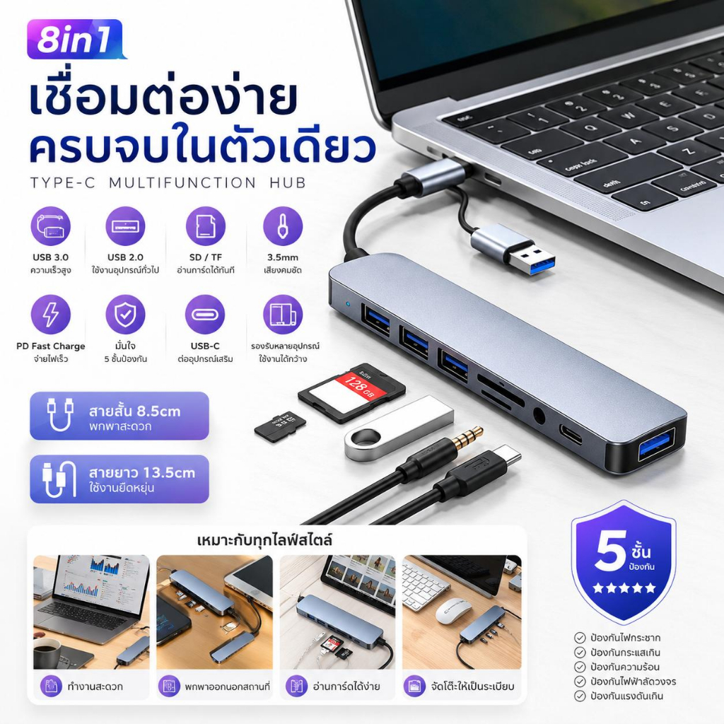 ฮับ USB Type-C 8-in-1 โอนข้อมูลเร็ว พอร์ต USB3.0/USB2.0 SD/TF PD 3.5mm ใช้ได้กับแล็ปท็อปแท็บเล็ต โทร