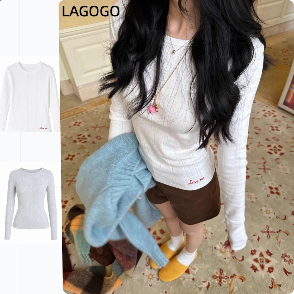เสื้อยืดแขนยาวปักลาย Jacquard สไตล์เกาหลีของแท้ไหล่ Sli